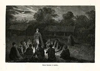 Vignette représentant un jeune indien mundurucu subissant les épreuves d'aptitude au mariage lors d'une cérémonie rituell
