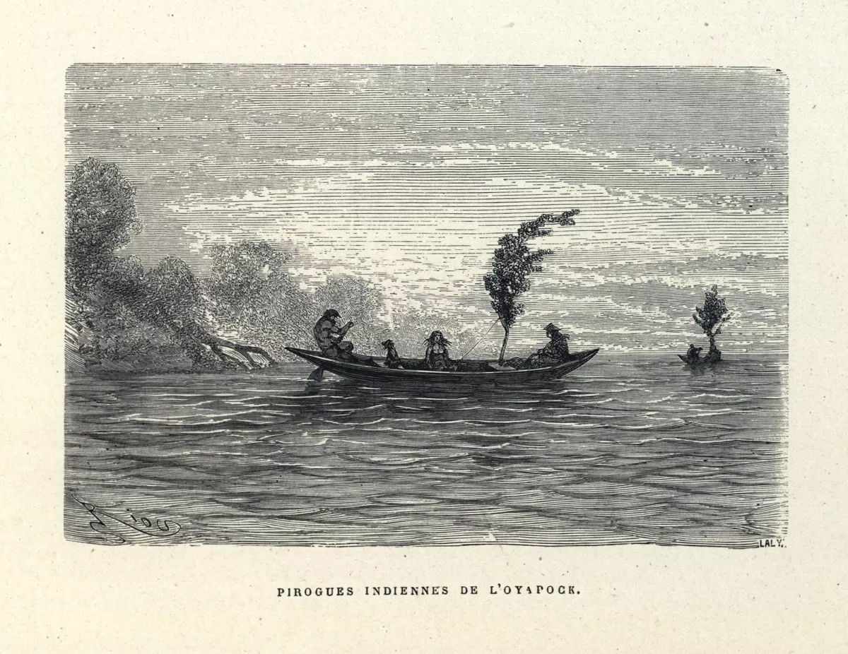 Gravure d'un groupe de personnes embarquées sur une pirogue