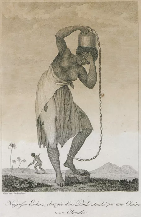 Gravure représentant une femme noire se tenant courbée alourdie par un poids