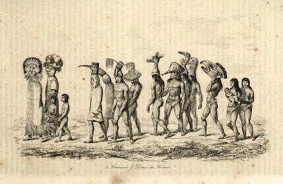 Gravure représentant des danseurs tecunas portent des coiffures représentant des têtes de sanglier, de tigre, de tapir, de singe, de poissons