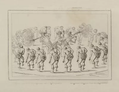 Dessin représentant une danse guerrière et religieuse des Tupinambas