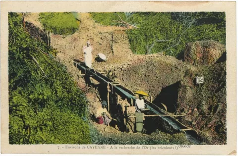 Carte postale colorée représentant la recherche de l'or