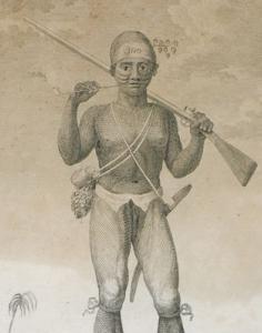 Gravure intitulée « Chasseur nègre, armé » 